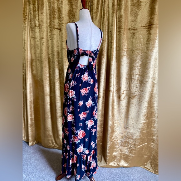 Black Maxi Dress w/ Pink Roses, Soft, Keyhole Back Tie, Ruffle Hem - Picture 6 of 14